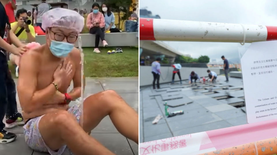 The comedian for media platform 100 Most lathered up at the musical fountain for a live YouTube video he was filming. Photos: YouTube/
毛記電視 (left) and Apple Daily (right)