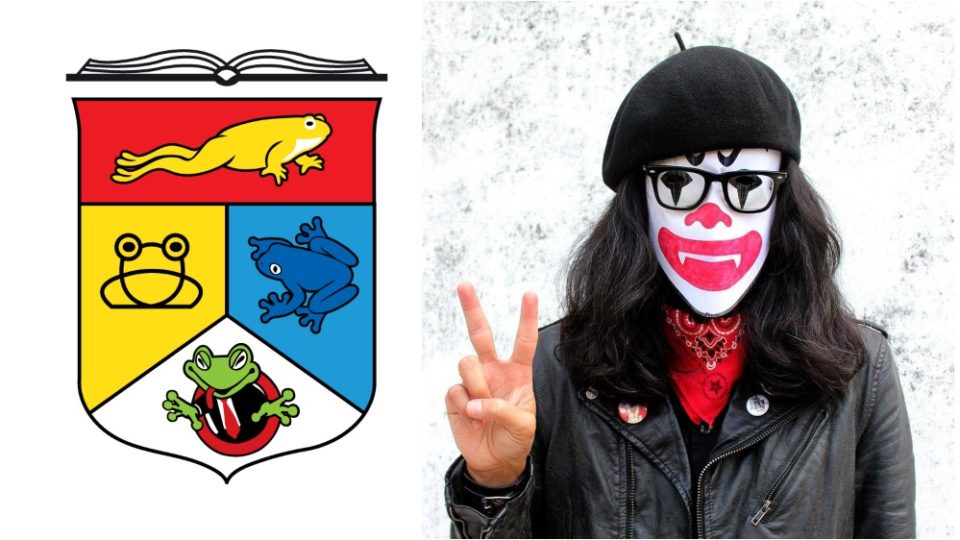 Fahmi Reza’s ‘frog university’ drawing, at left, and the artist in clownface, at right. Photos: Fahmi Reza/Facebook