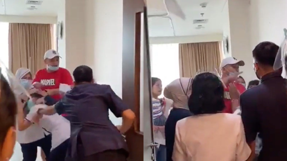 In a video that circulated widely over the weekend, JT (red t-shirt) can be seen shouting and forcefully pulling nurse CRS’ hair, before the latter was rescued by other nurses out of the hospital room. Screenshots from Instagram/@perawat_peduli_palembang