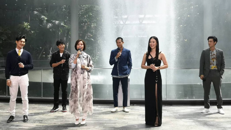 From left to right: local actors Pierre Png, Benjamin Tan, Zoe Tay, Desmond Tan, Rebecca Lim and James Seah from today’s press conference at Jewel Changi Airport. Photo: The_celebrityagency/Instagram
