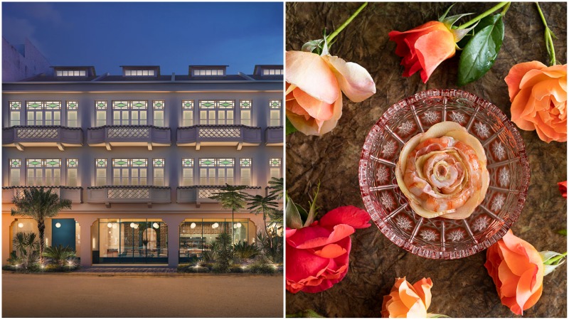 At left, Facade of the Mandala Club and one of the restaurant’s dishes Fleurs, at right. Photo: Mandala Club, Matteo Carassale
