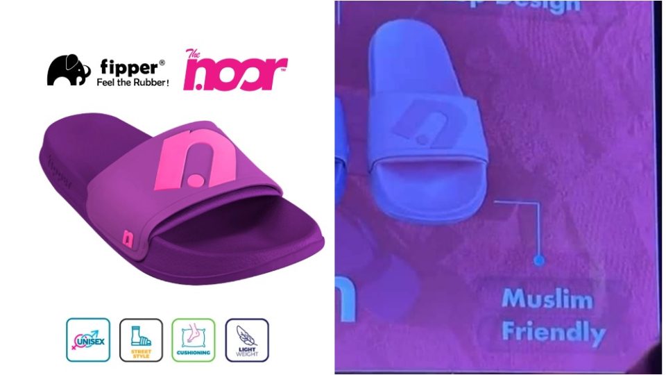 Fipper x The Noor slipper, at left, and the Monday presentation showing it’s ‘Muslim-friendly’ label, at right. Photos: Fipperslipper.com/Neelofa Instagram
