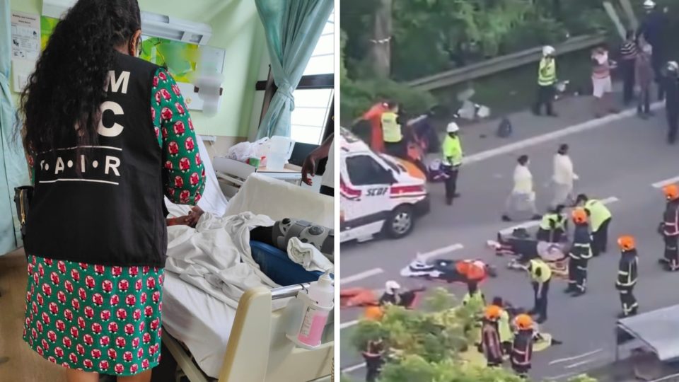 Member of the Migrant Workers Centre visiting an injured worker at the hospital, at left, scene of the accident, at right. Photos: MWC/Facebook, SG Road Vigilante/YouTube