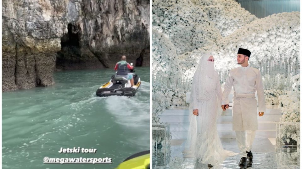 Neelofa goes on jetski tour in Langkawi, at left, Neelofa walks with Harris Ismail at their wedding, at right. Photos: Neelofa/Instagram
