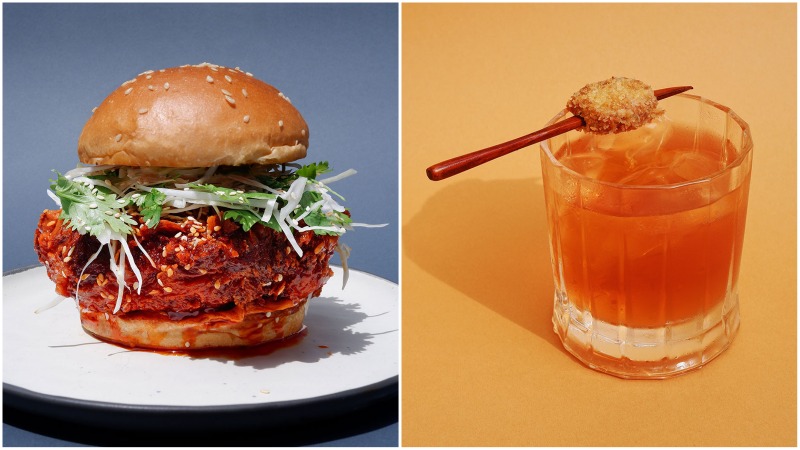 At left, the deli’s Spicy Chicken burger and the Pickleback Old Fashioned, at right. Photos: Park Bench Deli