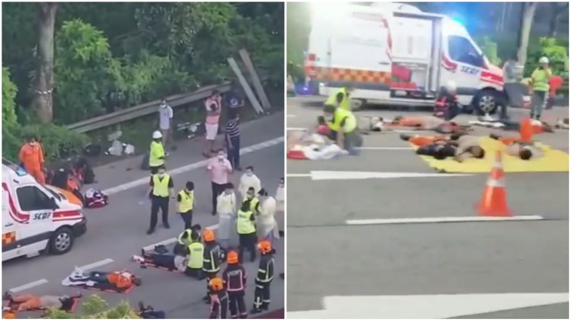 Screengrab from videos of an incident this morning on the Pan Island Expressway. Photos: TWC2/Instagram, SG Road Vigilante/YouTube
