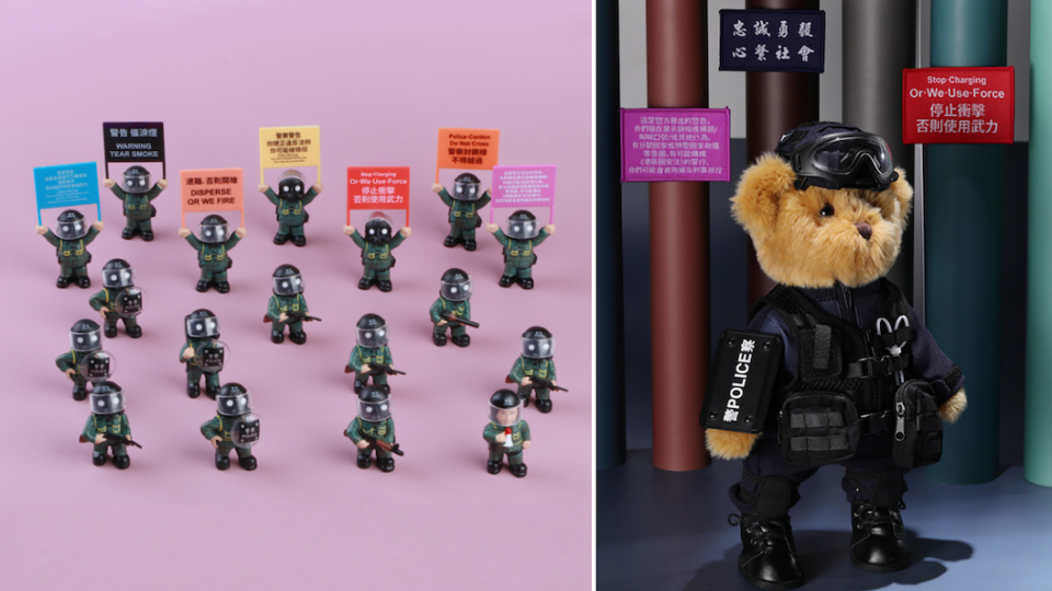 The palm-sized figurines of riot police brandishing protest flags are on sale to mark Hong Kong’s National Security Education Day. Photos: Marbro.com.hk