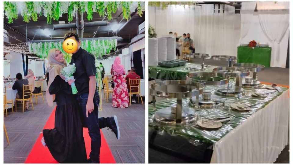 The bride and groom posing for a photo on their wedding day, at left, and an empty buffet table, at right. Photos: Munirah Mohd Shalleh/Facebook 