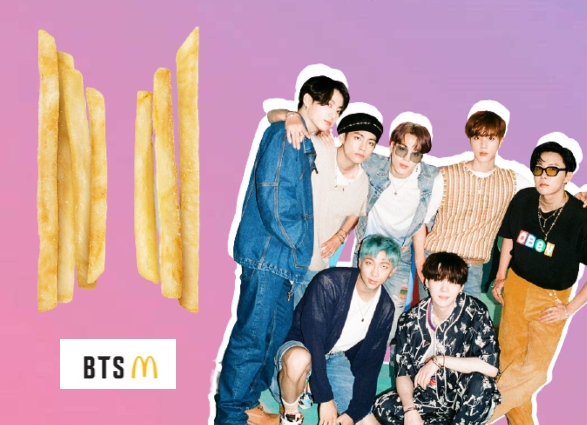 BTS members, at right, and their McDonalds promo logo. Photo: Coconuts
