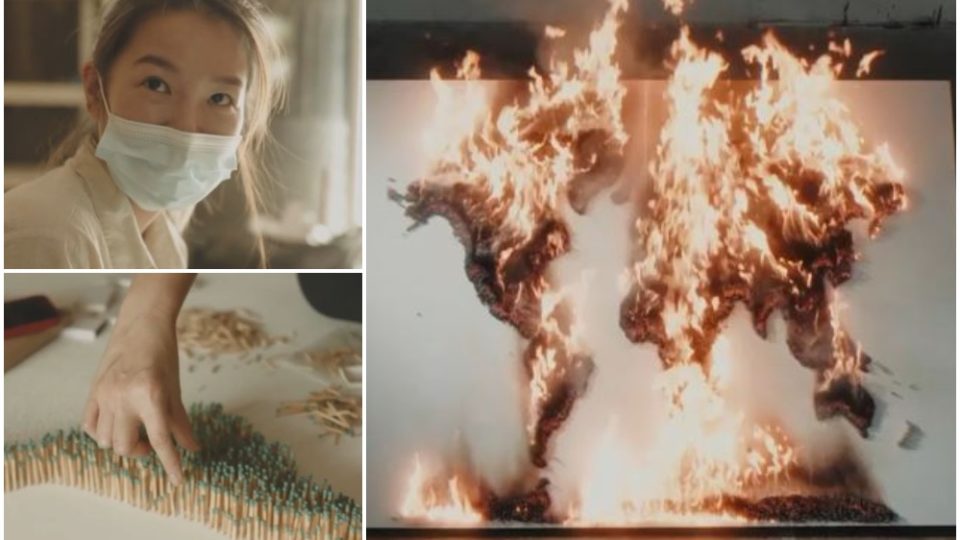 Clockwise from top left: Red Hong Yi, the burning artpiece, and Red putting together the matchsticks. Photos: Screenshots from TIME Magazine/YouTube
