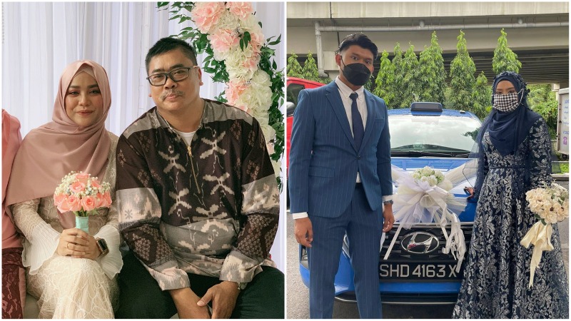 At left, Syarinah Sani and her uncle Abdul Aziz Bin Talibak. With her newlywed husband and their tricked-out cab, at right. Photos: Syarinah Sani, ComfortDelGro Taxi/Facebook
