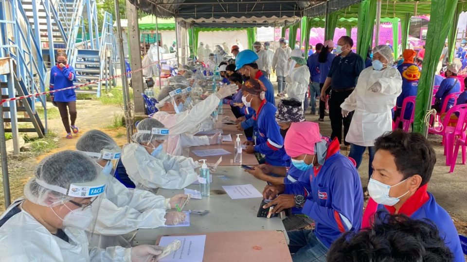 Construction workers are tested for COVID-19 at a construction site in Nonthaburi province. Photo: Sino-Thai Engineering and Construction
