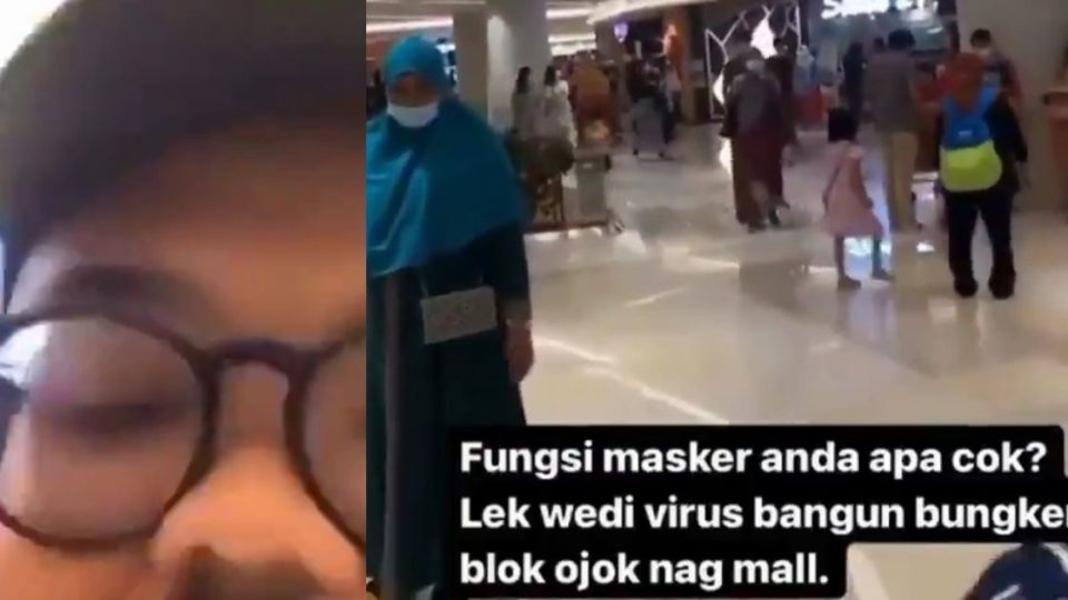 In a video that appears to be a compilation of Instagram stories, the bespectacled maskless man — identified as Putu Aribowo — called out people who were wearing face masks while carrying his infant son at a mall. “[We] don’t wear face masks, son, look at these stupid people,” Putu said to his son and the camera. Screenshots from video