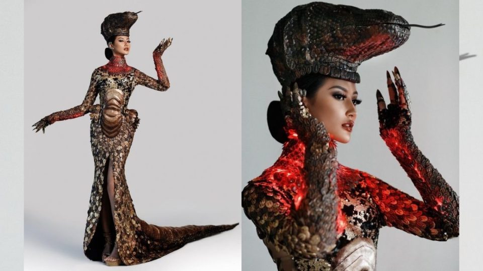 Ayu Maulida, Indonesia’s representative in Miss Universe 2020, wore a Komodo dragon-inspired costume designed by Diana Putri, who collaborated with accessories designers Yuling Hoo and Silvy Prajogo of Le Ciel Design for the national costume show. Photo: Instagram/@officialputeriindonesia