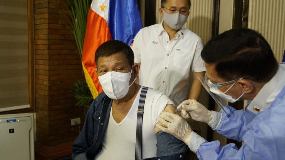 President Rodrigo Duterte receives the Sinopharm vaccine. Photo: Christopher “Bong” Go/FB