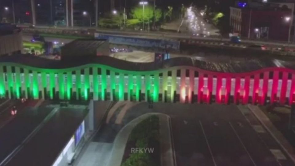 The Jakarta Provincial Government recently lit up a number of pedestrian bridges and main roads in the city with the colors of the Palestinian flag in a show of solidarity with the Middle Eastern state, as hundreds were killed in escalating attacks in the Gaza strip. Pictured is the pedestrian bridge in Senen, Central Jakarta. Photo: Pemprov DKI Jakarta