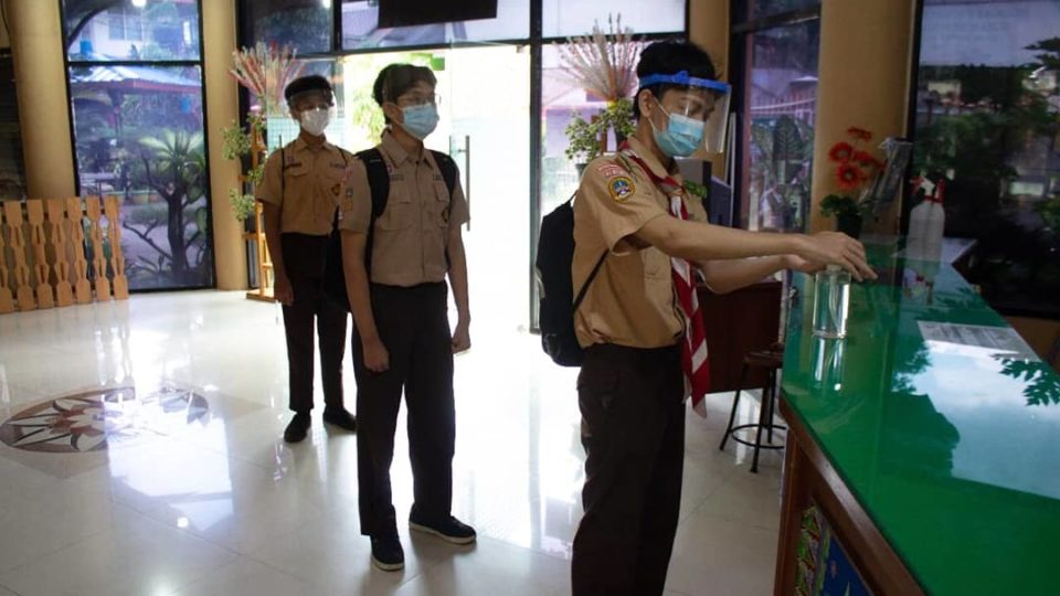 Students at a Jakarta school observing health protocols during a trial run for the reopening of schools in the capital. Photo: Jakarta Education Board