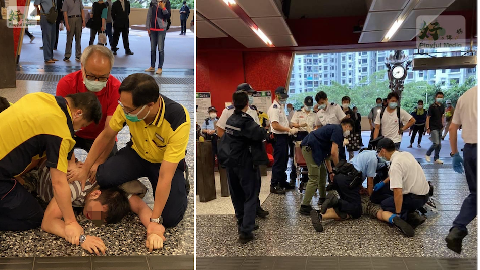 An MTR officer knelt on the neck of an uncooperative passenger who was suspected of using a discounted Octopus card he was not authorized to hold in Heng Fa Chuen station last month. Photo: Playful Media