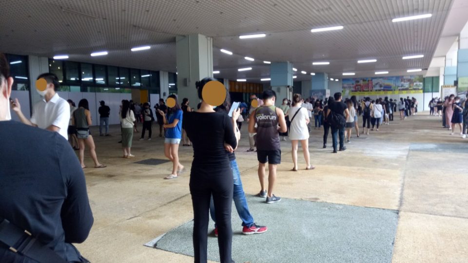 A queue yesterday at the former Big Box shopping mall in Jurong. Faces covered by the photographer. Photo: Carrionslug/Reddit
