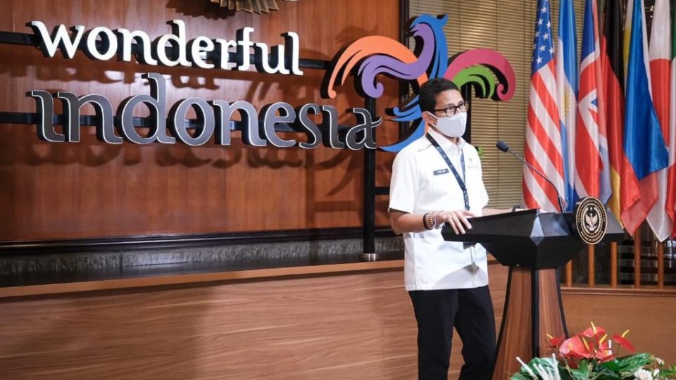 Tourism and Creative Economy Minister Sandiaga Uno while speaking at a press conference in Jakarta. Photo: Ministry handout 