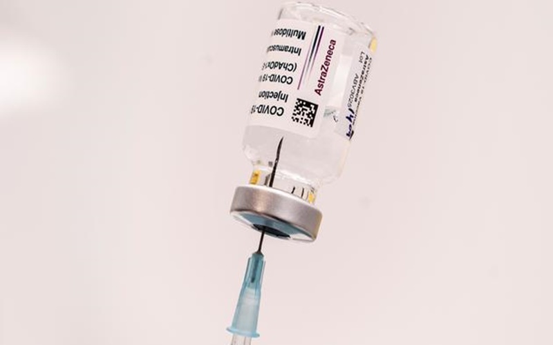 A shot of a COVID-19 vaccine by Anglo-Swedish pharmaceutical firm AstraZeneca