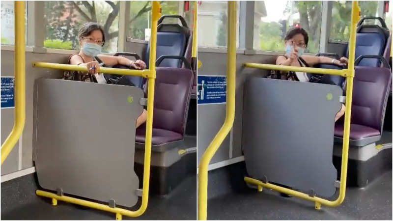 A woman stares and yells as a woman films her yesterday during a bus commute. Photos: @Splbx/Twitter