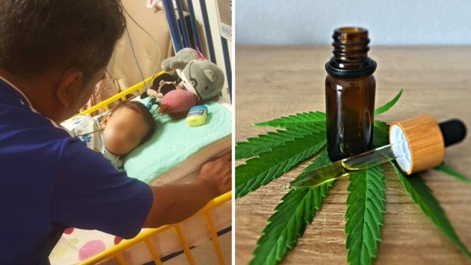 The father Pokleh watches as his daughter lies in bed, at left. File photo of cannabis oil, at right. Photos: Pokleh and Wikimedia Commons