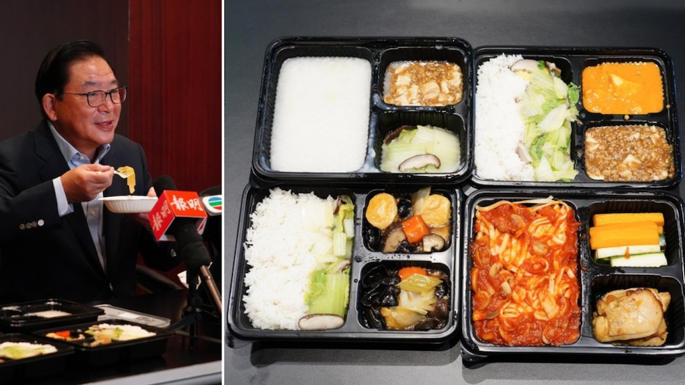 Lawmaker Jeffrey Lam said the Cathay Pacific meals, which are now being provided at Penny’s Bay quarantine center, are “not bad.” Photos: Apple Daily