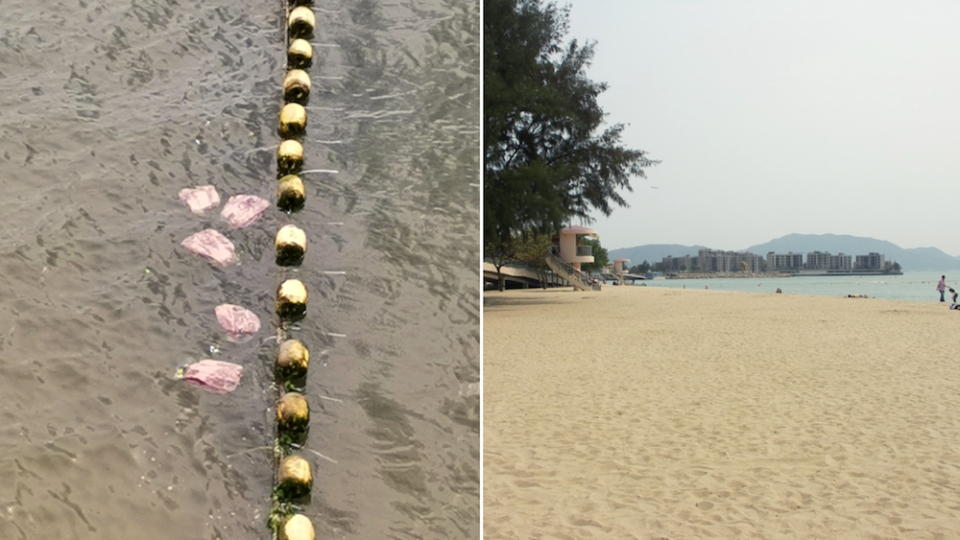 The Leisure and Cultural Services Department cleaned up about 50 kilograms’ worth of the frozen beef on Golden Beach in Tuen Mun. Photos: Facebook/Michael Mo (left), LCSD (right)