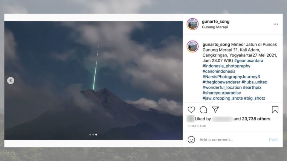 A photo that shows a flash of green light resembling something like a comet above the peak of Central Java’s Mount Merapi was indeed from a meteor shower, authorities have confirmed. The photo, which gained traction on social media over the weekend, was taken by a photographer named Gunarto. Screenshot from Instagram/@gunarto_song