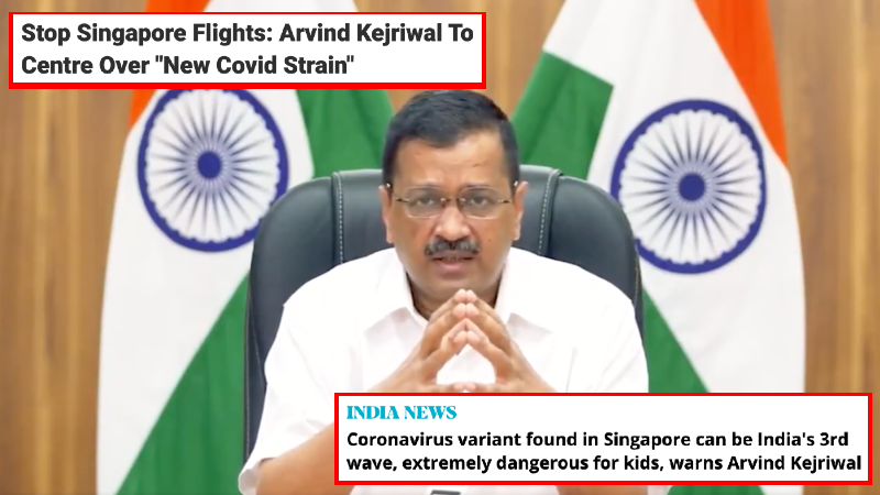 Headlines of the new reports superimposed on a screengrab of Delhi Chief Minister Arvind Kejriwal in a recent press conference. Photo: Arvind Kejriwal/Twitter
