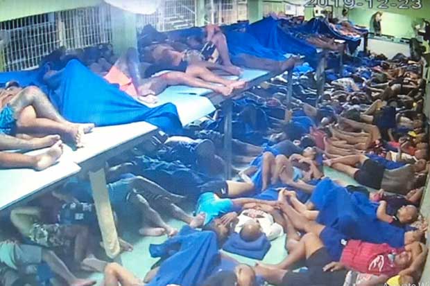 A still image from CCTV footage recorded in December 2019 shows an overcrowded cell at the Lang Suan Prison in Chumphon province.