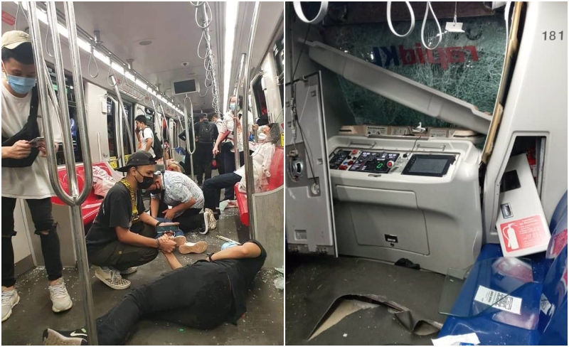 An injured passenger lies on the floor, at left, and damage caused as a result of the crash, at right. Photos: KL Fire and Rescue Department