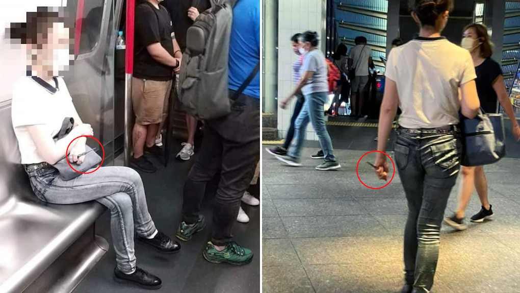 Viral photos showed the woman gripping the pair of scissors on the MTR and while walking on a bridge in Central. Photos: Facebook