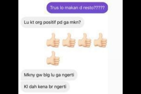 A man telling his outraged friend in a chat that “she wouldn’t understand” why he took his family out to eat despite them all testing positive. Photo: Instagram