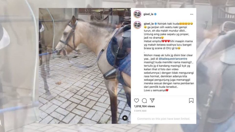 Indonesian singer/actress Gisella Anastasia posted a series of videos showing her 6-year-old daughter, Gempita Nora Marten, riding a horse at an equestrian center in Bali. In the beginning of the video, Gisel asked Gempi the name of her horse, which she answered, “Aisyah.” Screenshot from Instagram/@gisel_la