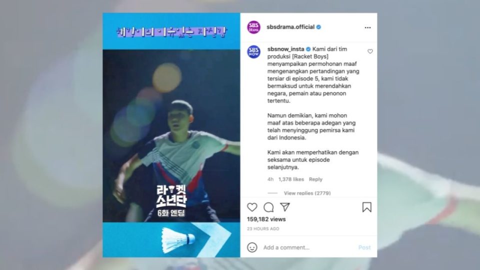 SBS TV’s apology in Indonesian in the comment section of the most recent Instagram post about ‘Racket Boys’. Screenshot from Instagram/@sbsdrama.official