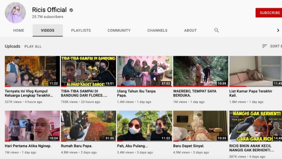 Indonesian YouTuber Ria Ricis is under public scrutiny for allegedly exploiting her father’s death through a series of videos, where she kept the ads running.  Screenshot from YouTube/Ricis Official