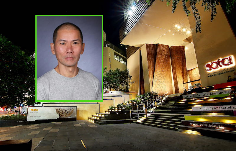 Ceramics teacher Jason Lim superimposed on the SOTA building at Zubir Said Drive. Photos: SOTA, Wikimedia Commons
