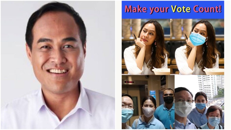 At left, Shamsul Kamar in a 2015 photo and the meme featuring Sarah Bagharib, the bride in cutout standee controversy, at right. Photos: Shamsul Kamar/Facebook, Fabrications about the PAP/Facebook
