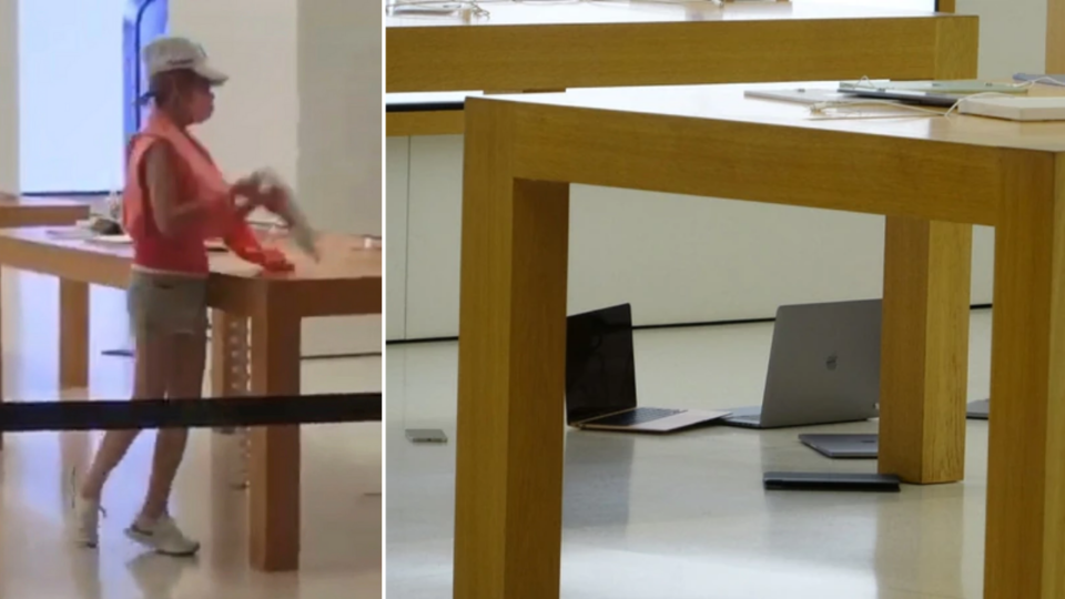 The woman hurled display devices to the floor at the Apple store in Kwun Tong’s APM mall as staff watched helplessly. Photos: Apple Daily