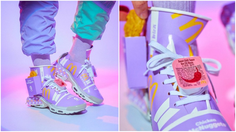 A sneaker covered in McDonald’s BTS meal packaging. Photos: Josiah Chua/Facebook
