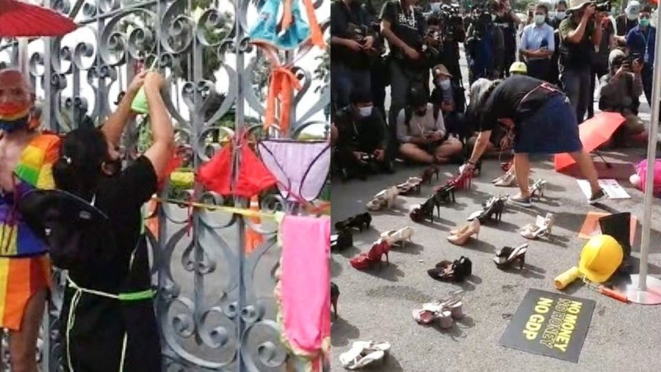 A sex worker ties underpants at the Government House, at left, and sex workers laying high heels in front of the venue, at right. Photos: Empower Chiang Mai / Facebook
