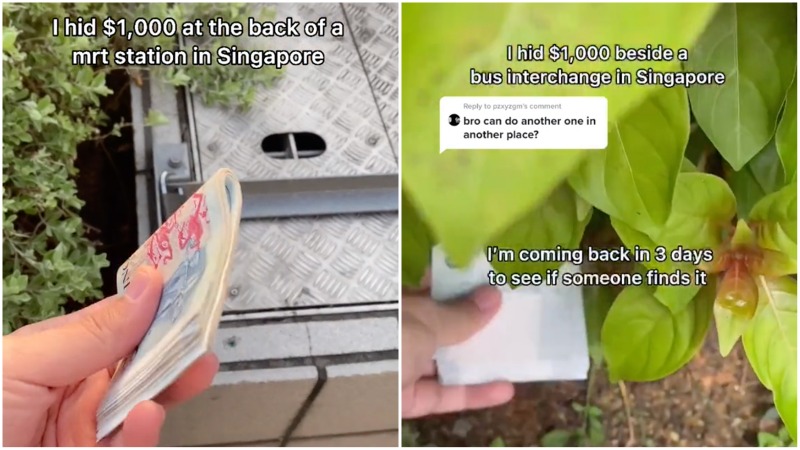 Screengrabs from the videos hiding the stack of dollars around Singapore. Photos: Seathebreezee/TikTok
