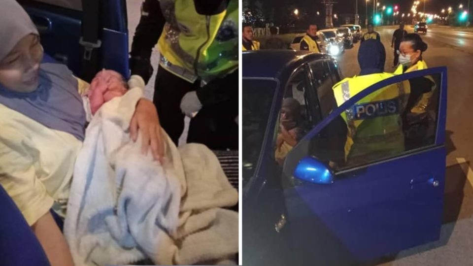 Woman with newborn at Jalan Expressway Kuching–Samarahan roadblock and the two policewomen who helped her. Photo: Affy Johari/Facebook