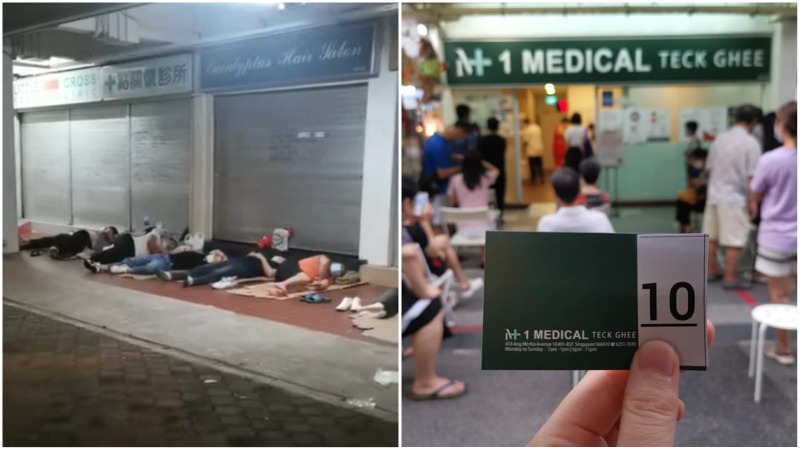 Queues outside the Little Cross Family Clinic in Tampines and 1 Medical Teck Ghee at Ang Mo Kio. Photos: TinGle/YouTube, Jessie Smilesforlife/Facebook

