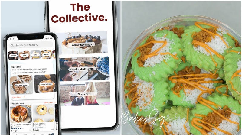 At left, the app interface and bakery PBakesSg’s Ondeh-Ondeh tarts. Photos: The Collective Marketplace, PBakesSg
