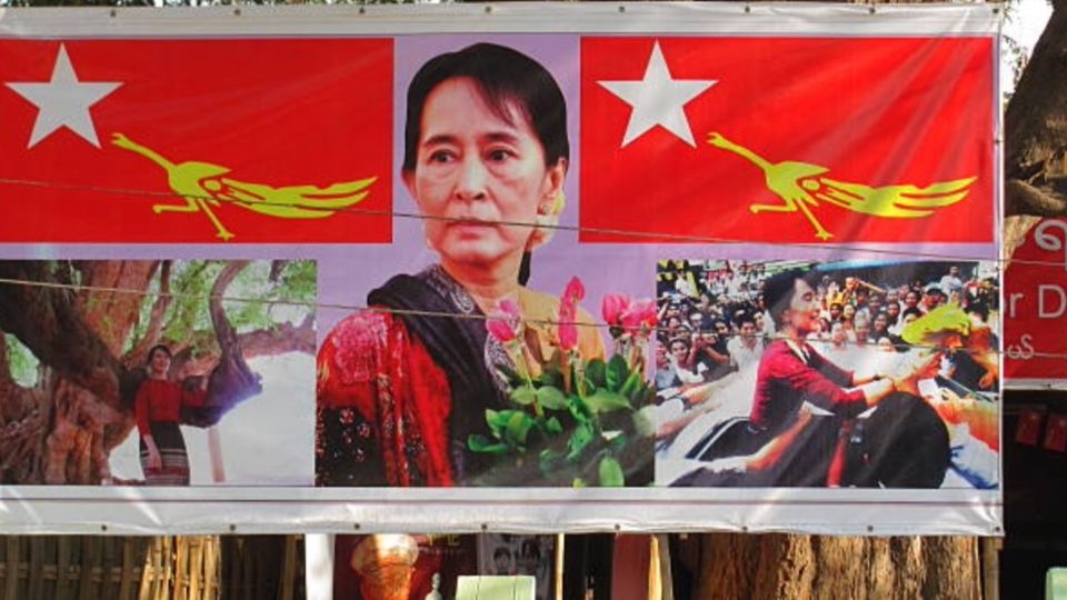 File photo showing an campaign poster for Aung San Suu Kyi in the 2012 election.