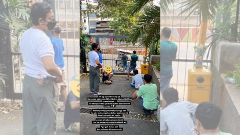 The unidentified seller sold his bakso (meatball soup) to at least six people behind the fence of the hotel in West Jakarta where they were self-isolating. Photo from Twitter