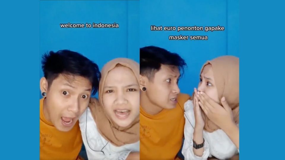 In a 30-second TikTok clip, Yogy Yulianto and Salsa sang their spin on Welcome to Indonesia, comparing Indonesia’s current COVID-19 crisis with the UEFA Euro 2020, where large numbers of maskless spectators are filling the soccer stadiums. Screenshot from TikTok/@yogy_yulianto